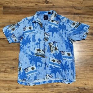 Caribbean Joe Hawaiian Shirt Mens‎ L Blue Washable Silk Pineapple Palm AOP Beach